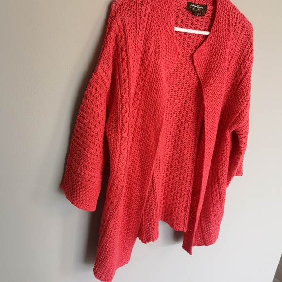 100% Linen Eddie Bauer Open Front Knit Cardigan Bright Coral 3/4 sleeve Size M - Picture 4 of 11